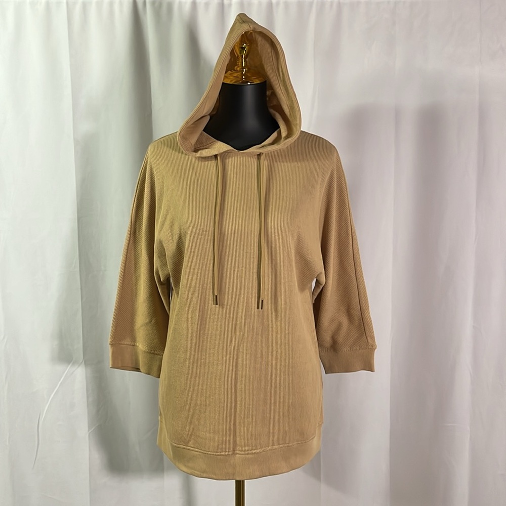 Jones New York Camel Tan Waffle Knit Thermal 3/4 Sleeve Hooded Pullover